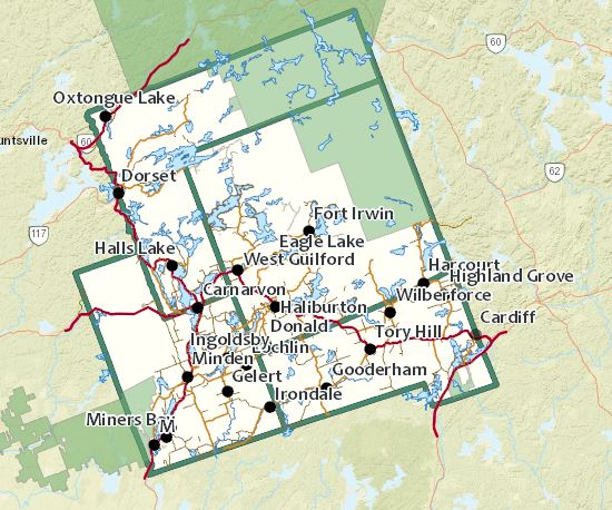 Haliburton County, Minden, Harcourt, Wilberforce, Dorset, Huntsville, West Guilford, Cardiff